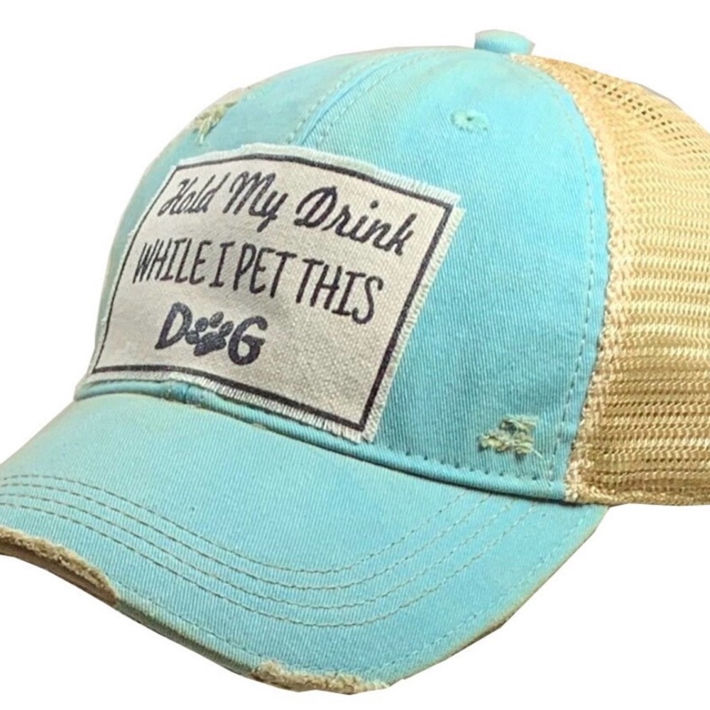 Blue Distressed Dog Lover Trucker Cap Hold My Drink While I Pet This Dog - Picture 2 of 7